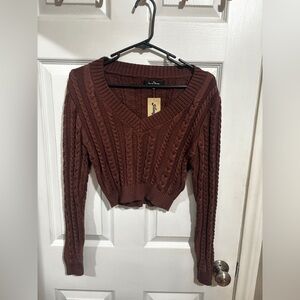 Love Tree V-Neck Knitted Brown Cropped Sweater